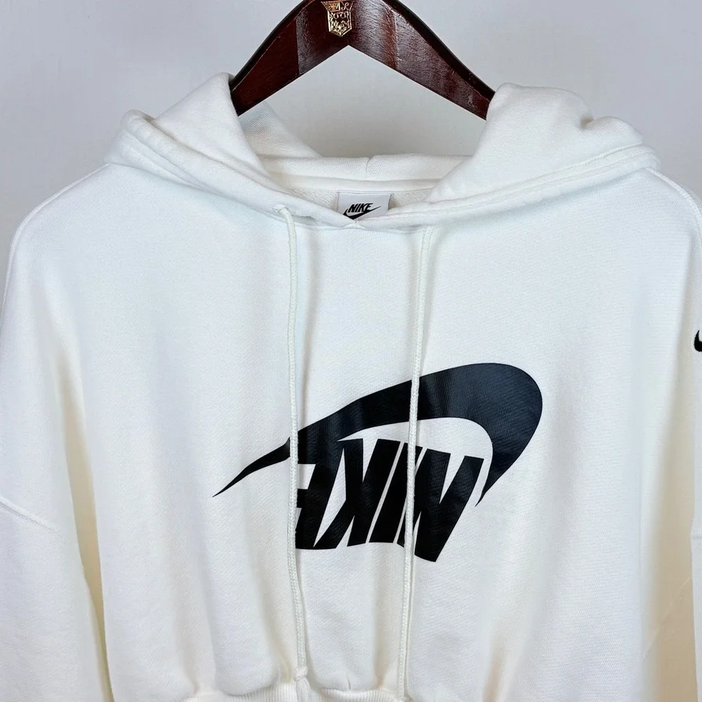 Nike Upside Down Logo  Oversized Cropped French Terry Hoodie White Black Large
